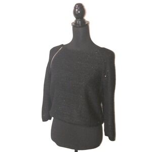 Poof Couture Sequin Knit Shoulder Zip Pullover Black Womens Large